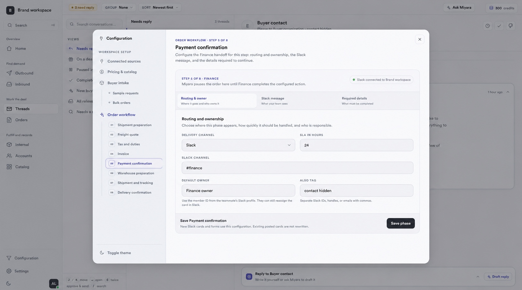 Miyara Configuration showing an order workflow phase and its required Slack details