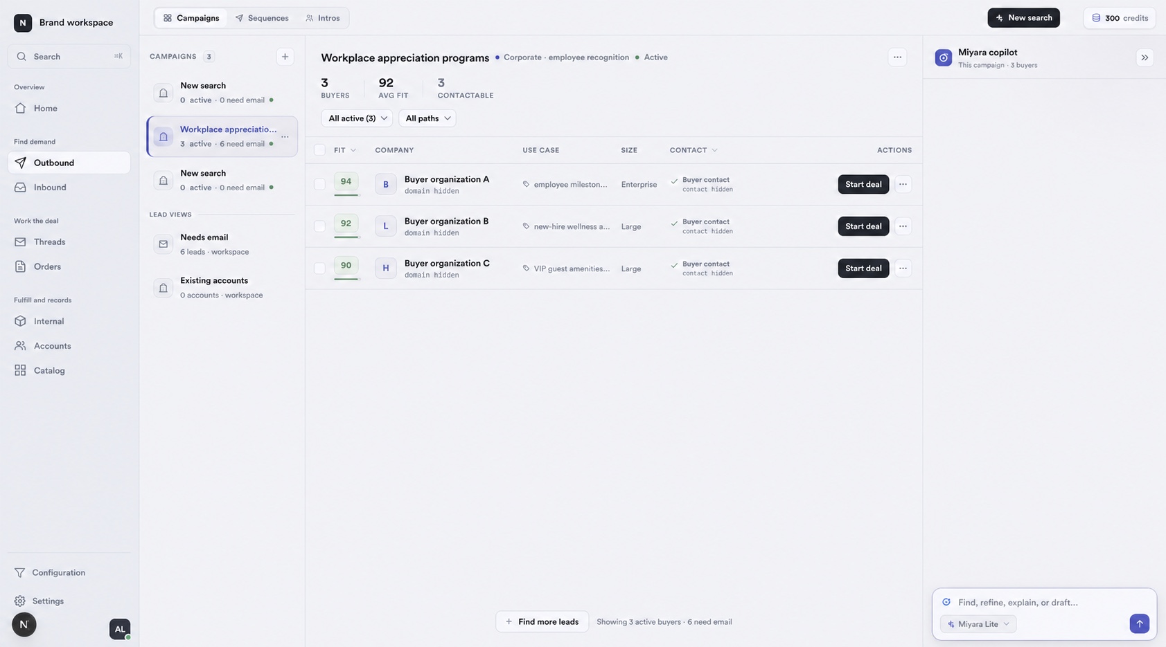 Miyara Outbound showing a live buyer research campaign with ranked organizations