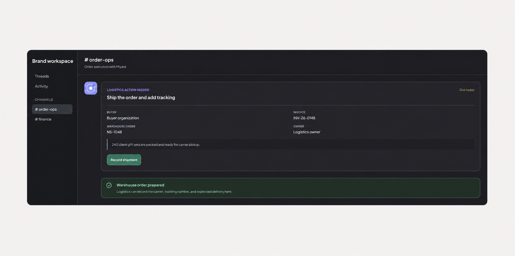 A native Miyara logistics action inside Slack for recording a shipment and tracking